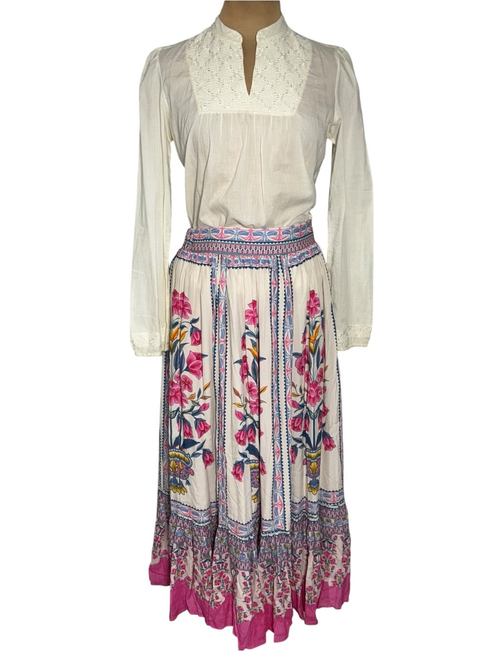 NWT Farmers Market Boho Floral Smocked Maxi Skirt Medium Pink Ivory Floral Print - Picture 9 of 10